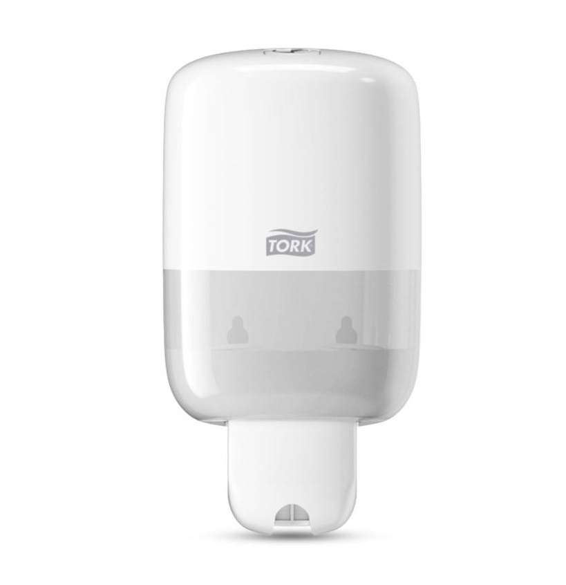 Distributeur Tork mini blanc à savon et désinfectant WC